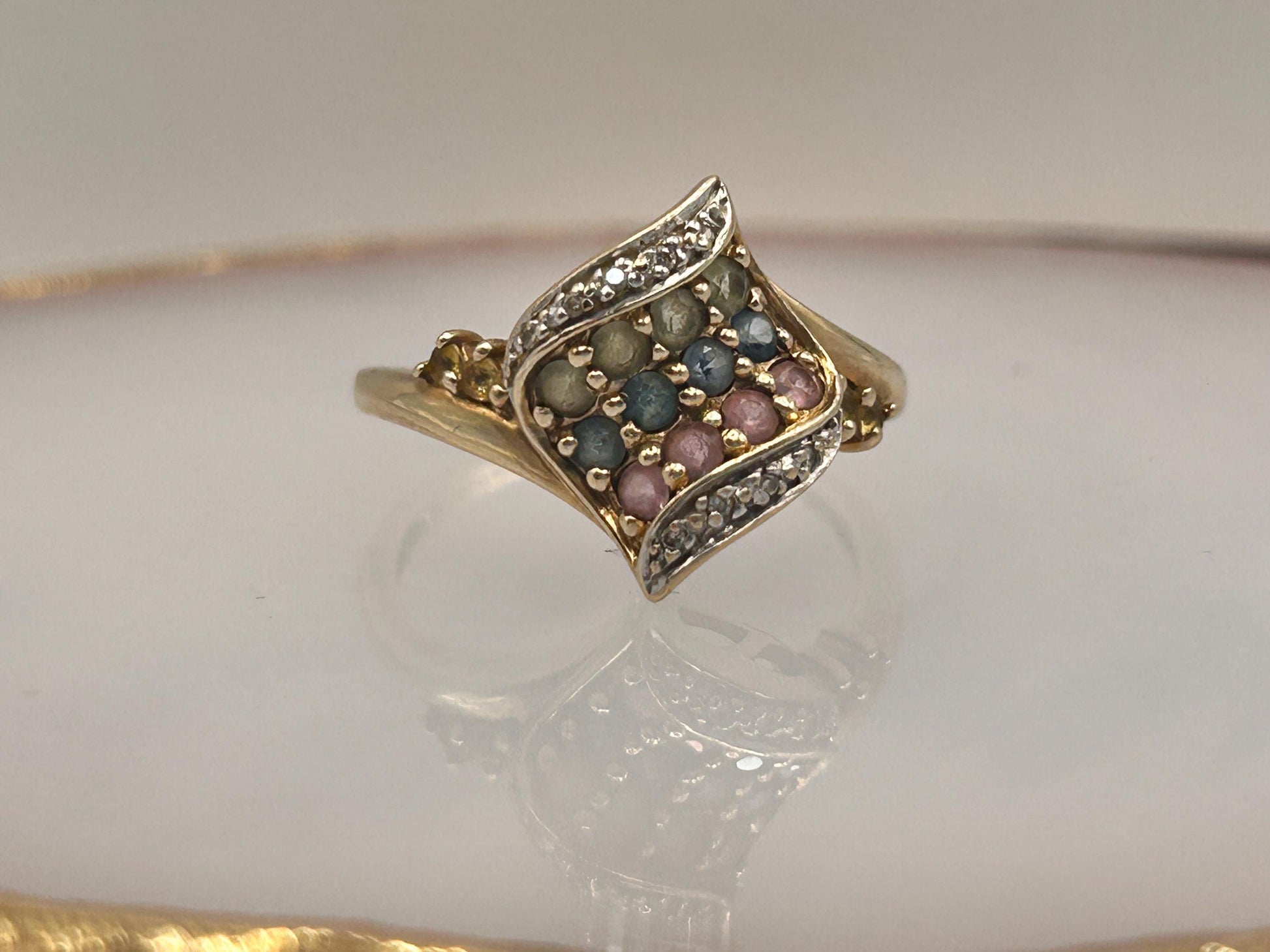 Vintage 9ct Gold Dress Ring with Diamond and Multi Sapphires Size N/ 7 - Cocktail Jewellery