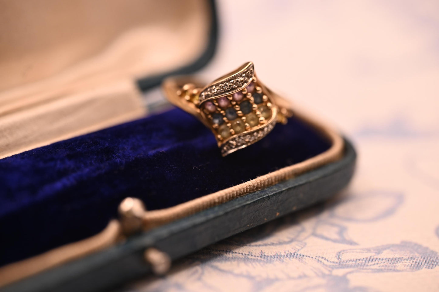 Vintage 9ct Gold Dress Ring with Diamond and Multi Sapphires Size N/ 7 - Cocktail Jewellery