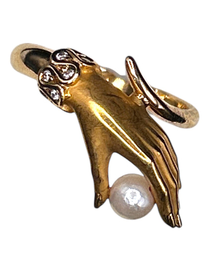 Vintage Carrera Y Carrera 18ct Gold Mano Hand Ring With Pearl and Diamond Cuff - Fine Vintage Jewelry Size UK J/ US: 5