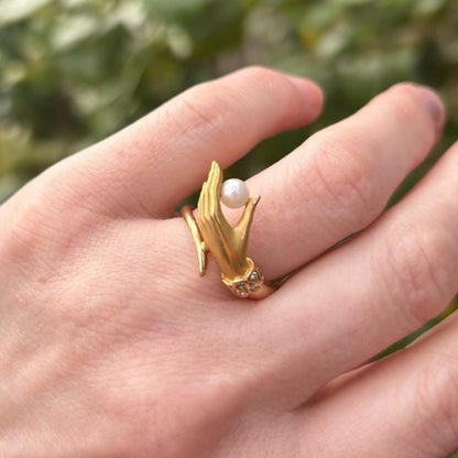 Vintage Carrera Y Carrera 18ct Gold Mano Hand Ring With Pearl and Diamond Cuff - Fine Vintage Jewelry Size UK J/ US: 5