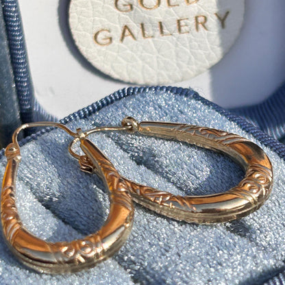 Vintage 9ct Gold Long Oval Hoop Earrings - Retro earrings 90's