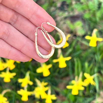 Vintage 9ct Gold Long Oval Hoop Earrings - Retro earrings 90's