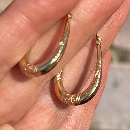 Vintage 9ct Gold Long Oval Hoop Earrings - Retro earrings 90's