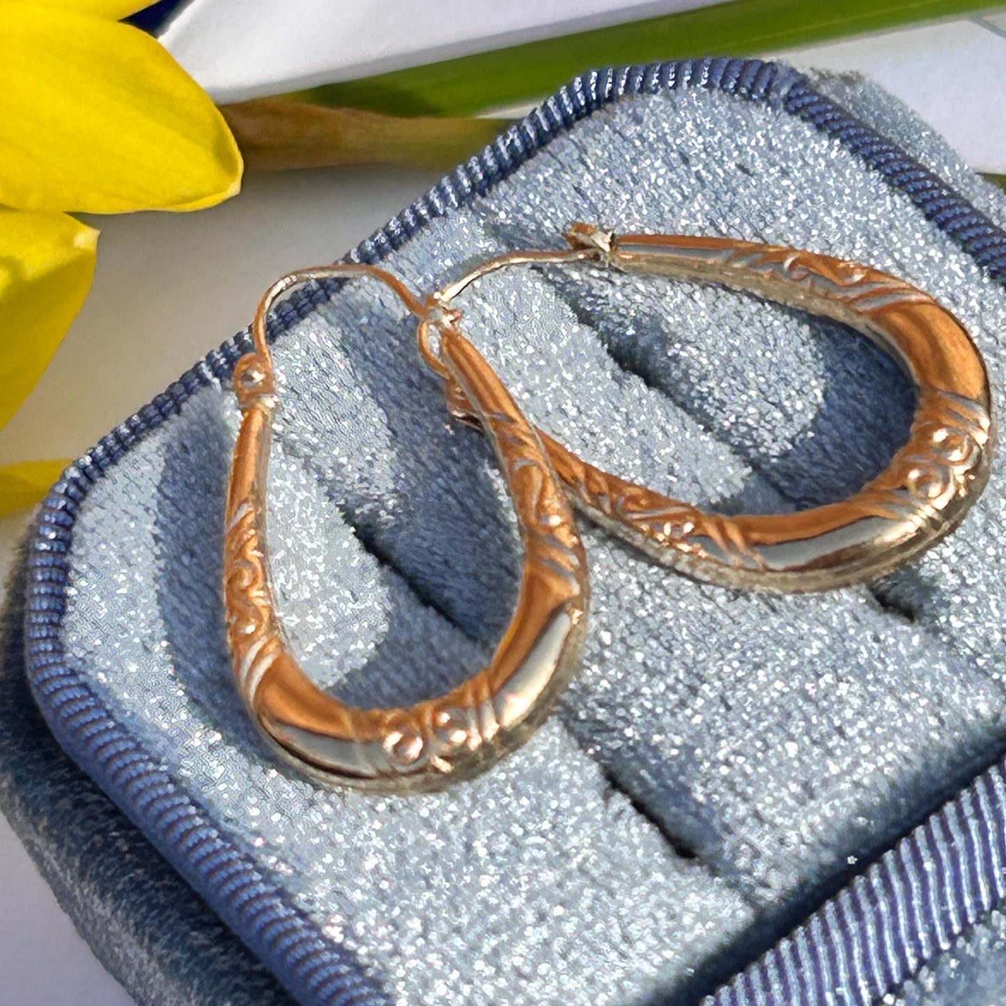 Vintage 9ct Gold Long Oval Hoop Earrings - Retro earrings 90's