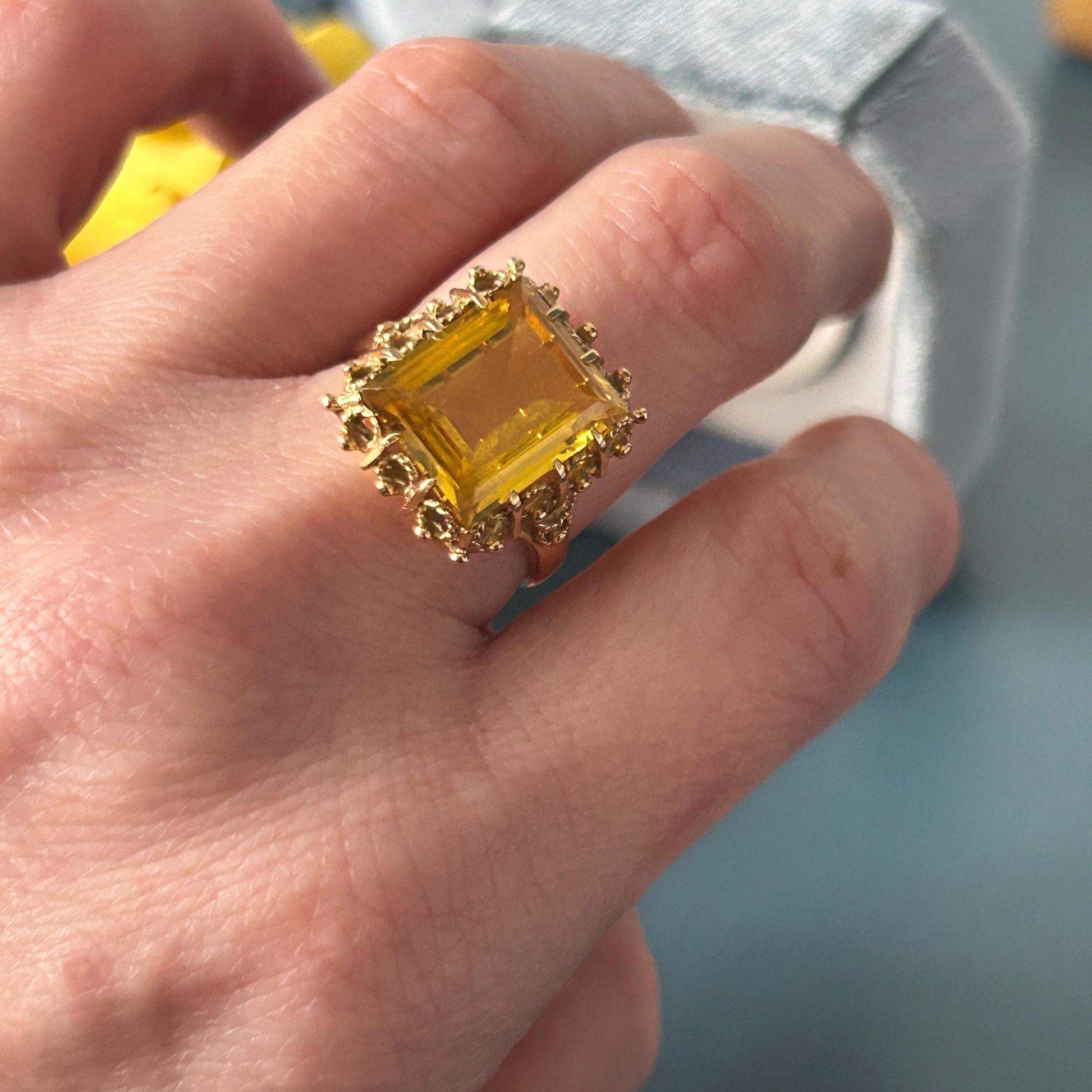 Vintage 1970's Glamorous 9ct Gold Citrine Cocktail Ring - Estate Jewelry UK K / US 5.5 - Gold Statement Jewelry