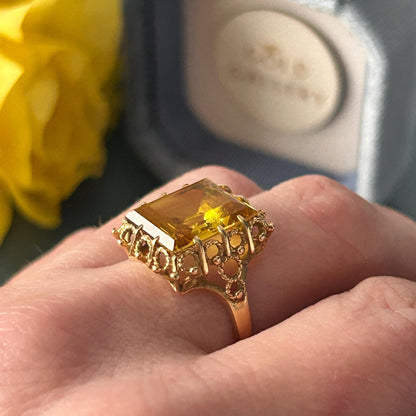 Vintage 1970's Glamorous 9ct Gold Citrine Cocktail Ring - Estate Jewelry UK K / US 5.5 - Gold Statement Jewelry