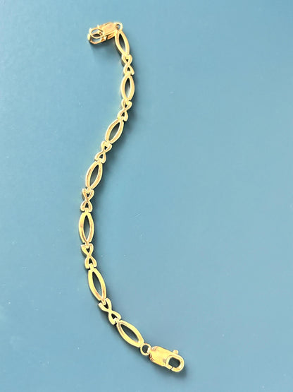 Vintage 9ct Yellow Gold Kisses Link Bracelet 7.5" - Solid Gold Jewellery Fancy Bracelet Cocktail Jewelry