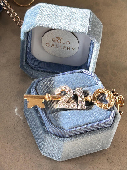 Vintage 9ct Gold CZ '21' Large Key Pendant - Milestone jewellery