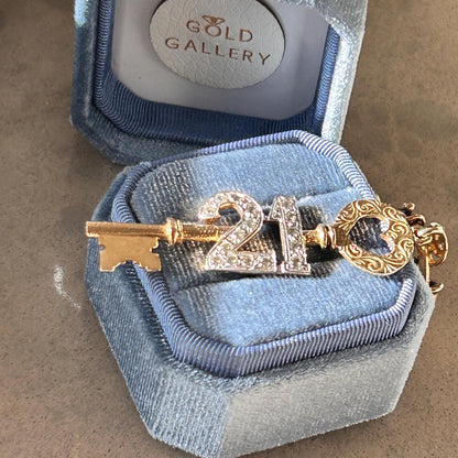 Vintage 9ct Gold CZ '21' Large Key Pendant - Milestone jewellery
