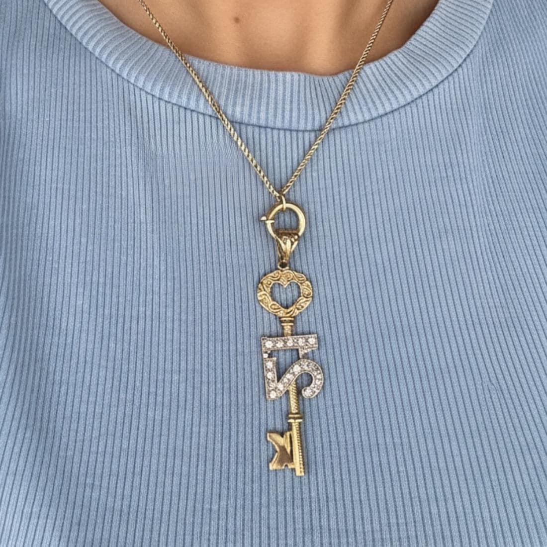 Vintage 9ct Gold CZ '21' Large Key Pendant - Milestone jewellery