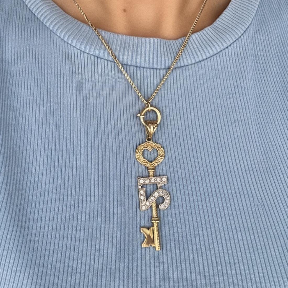 Vintage 9ct Gold CZ '21' Large Key Pendant - Milestone jewellery 21 Birthday