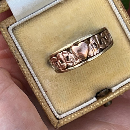 Vintage Early Clogau Cariad 9ct Gold Heart Ring Yellow and Rose Gold - Welsh Gold Ring Size O/ 7.5
