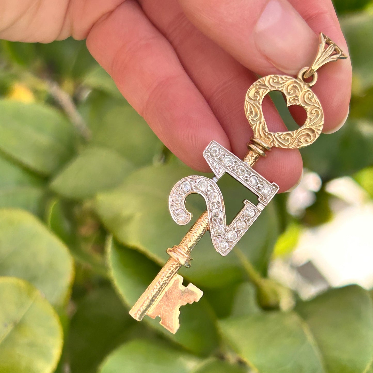Vintage 9ct Gold CZ '21' Large Key Pendant - Milestone jewellery