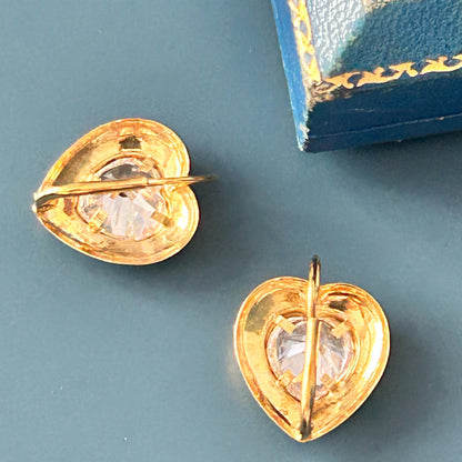 Vintage Italian 18ct Gold White Rhinestone Heart Latchback Earrings