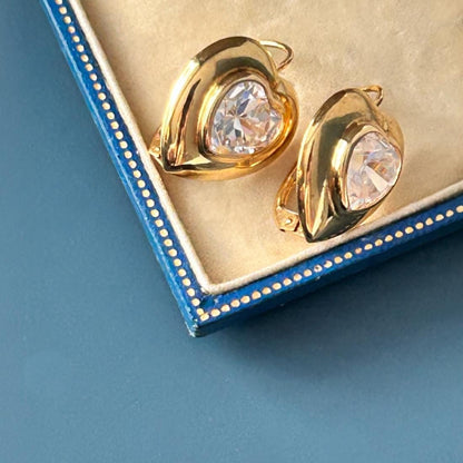 Vintage Italian 18ct Gold White Rhinestone Heart Latchback Earrings