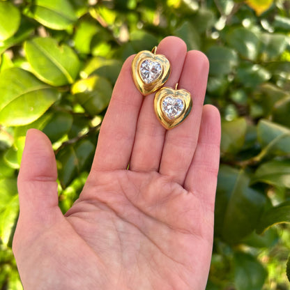 Vintage Italian 18ct Gold White Rhinestone Heart Latchback Earrings