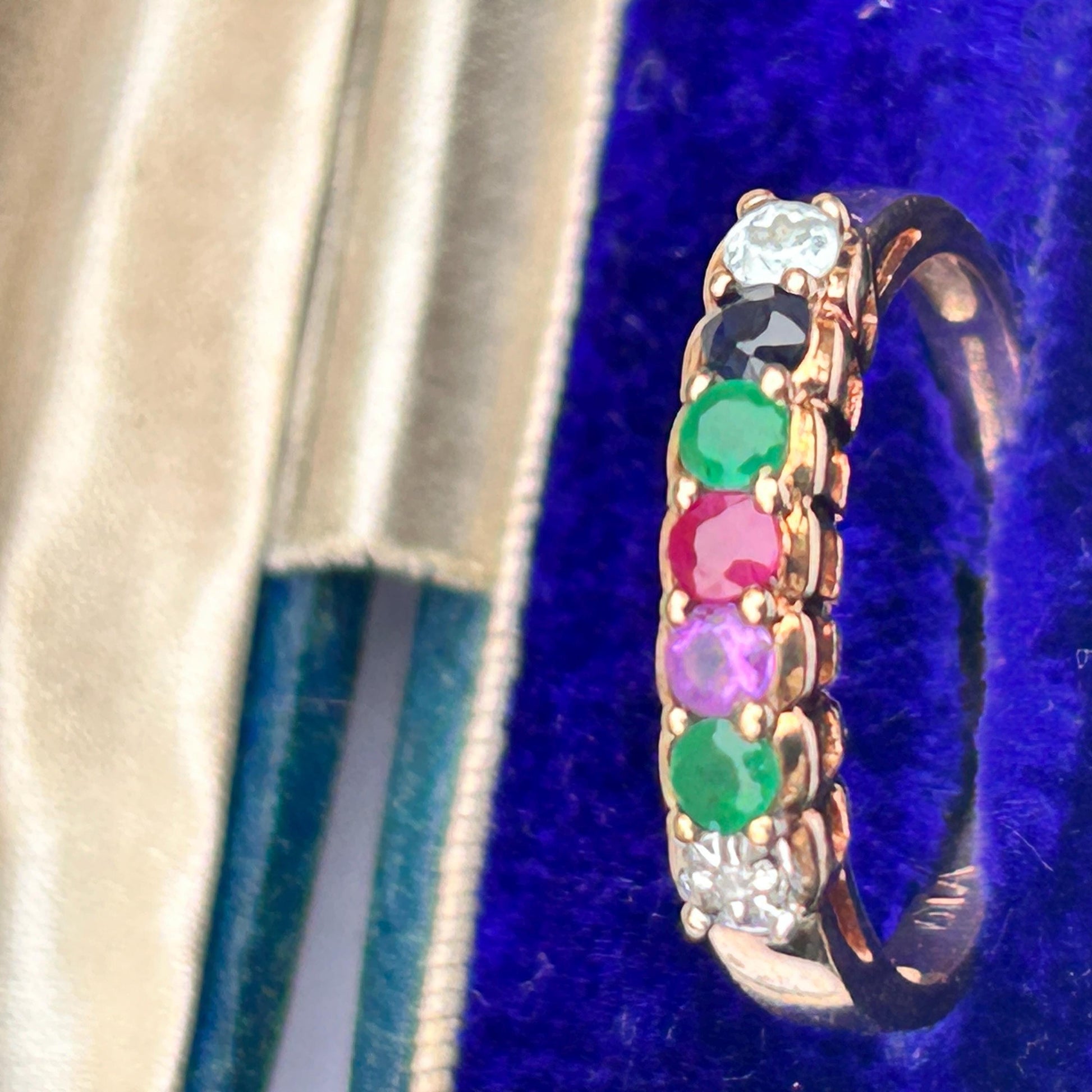 Vintage 9ct Gold Multi stone Eternity Ring Acrostic Jewellery DEAREST Antique Inspired Jewellery UK: N / US 7