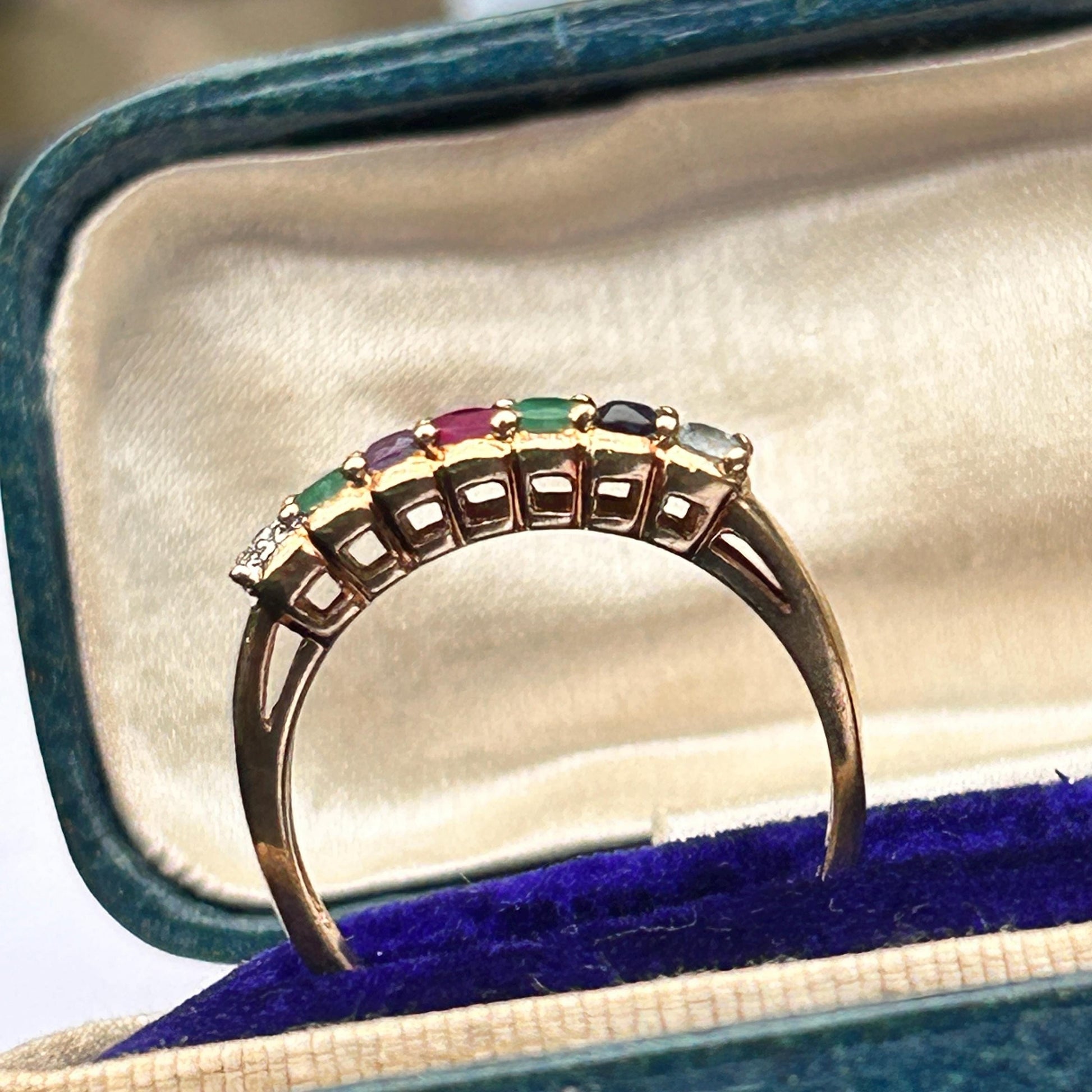 Vintage 9ct Gold Multi stone Eternity Ring Acrostic Jewellery DEAREST Antique Inspired Jewellery UK: N / US 7