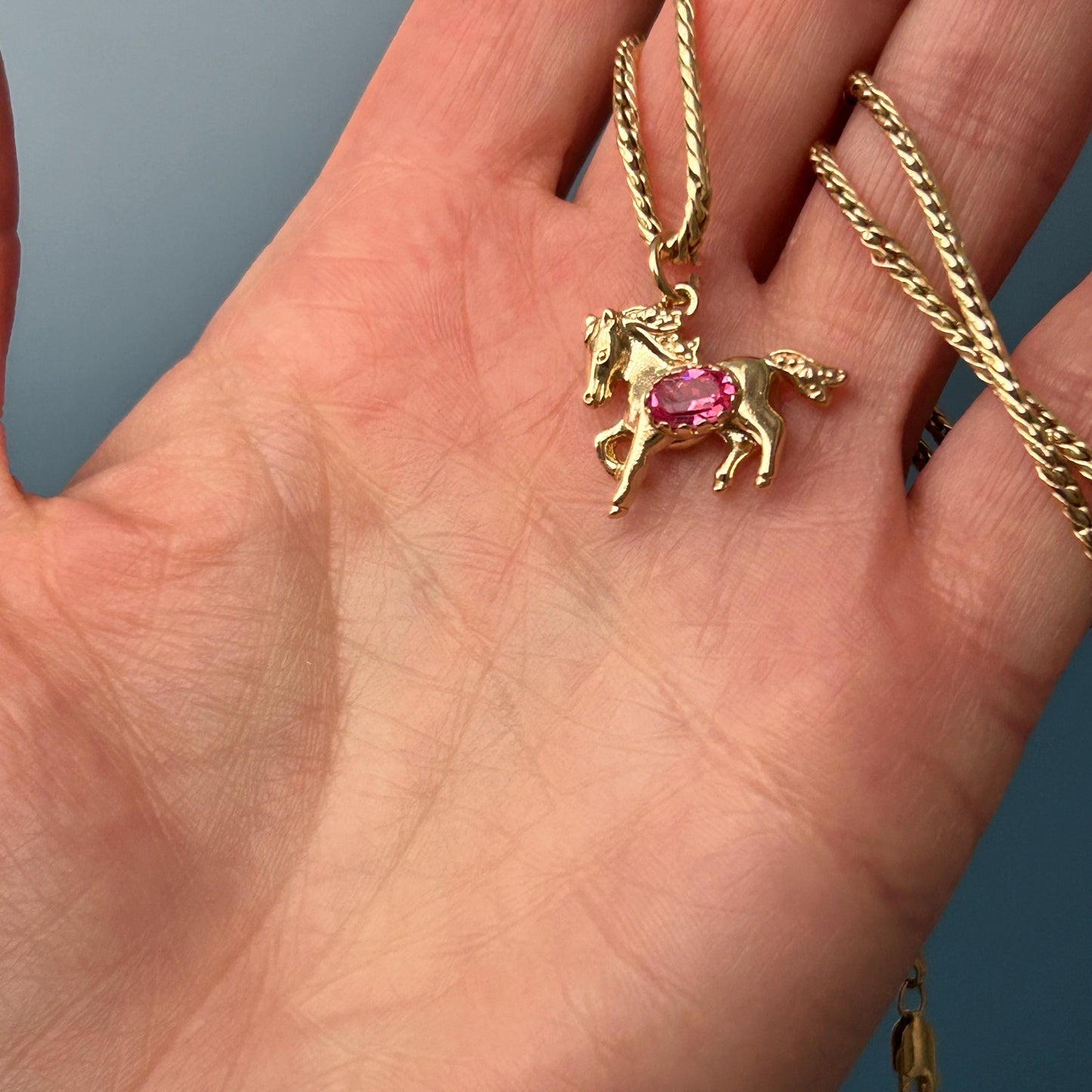 Vintage 9ct Gold Pony with Pink Topaz Pendant - Equestrian Jewellery Horse Charm