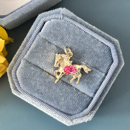 Vintage 9ct Gold Pony with Pink Topaz Pendant - Equestrian Jewellery Horse Charm