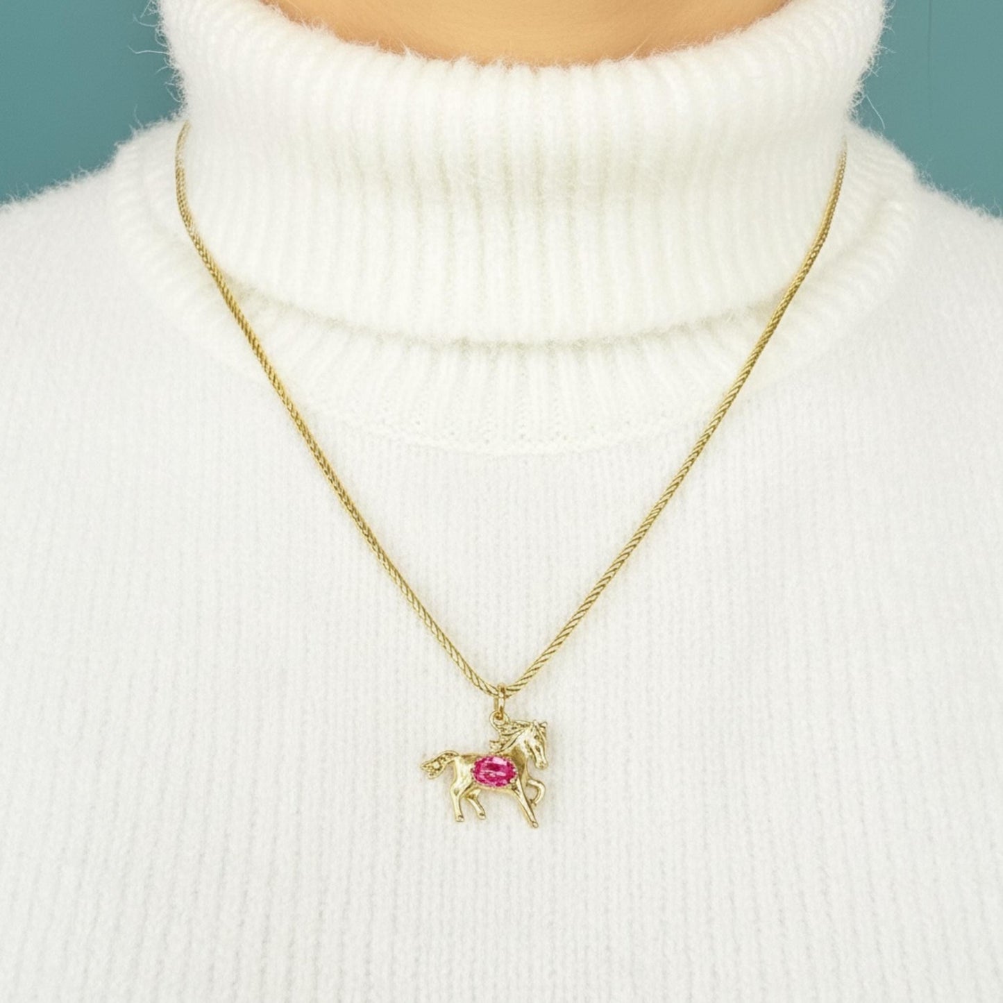 Vintage 9ct Gold Pony with Pink Topaz Pendant - Equestrian Jewellery Horse Charm