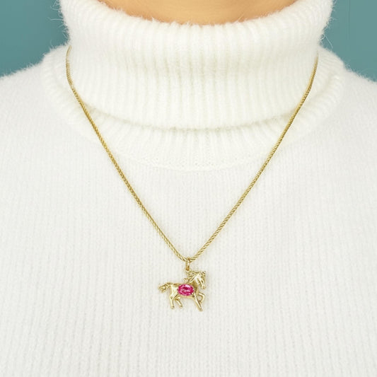 Vintage 9ct Gold Pony with Pink Topaz Pendant - Equestrian Jewellery Horse Charm