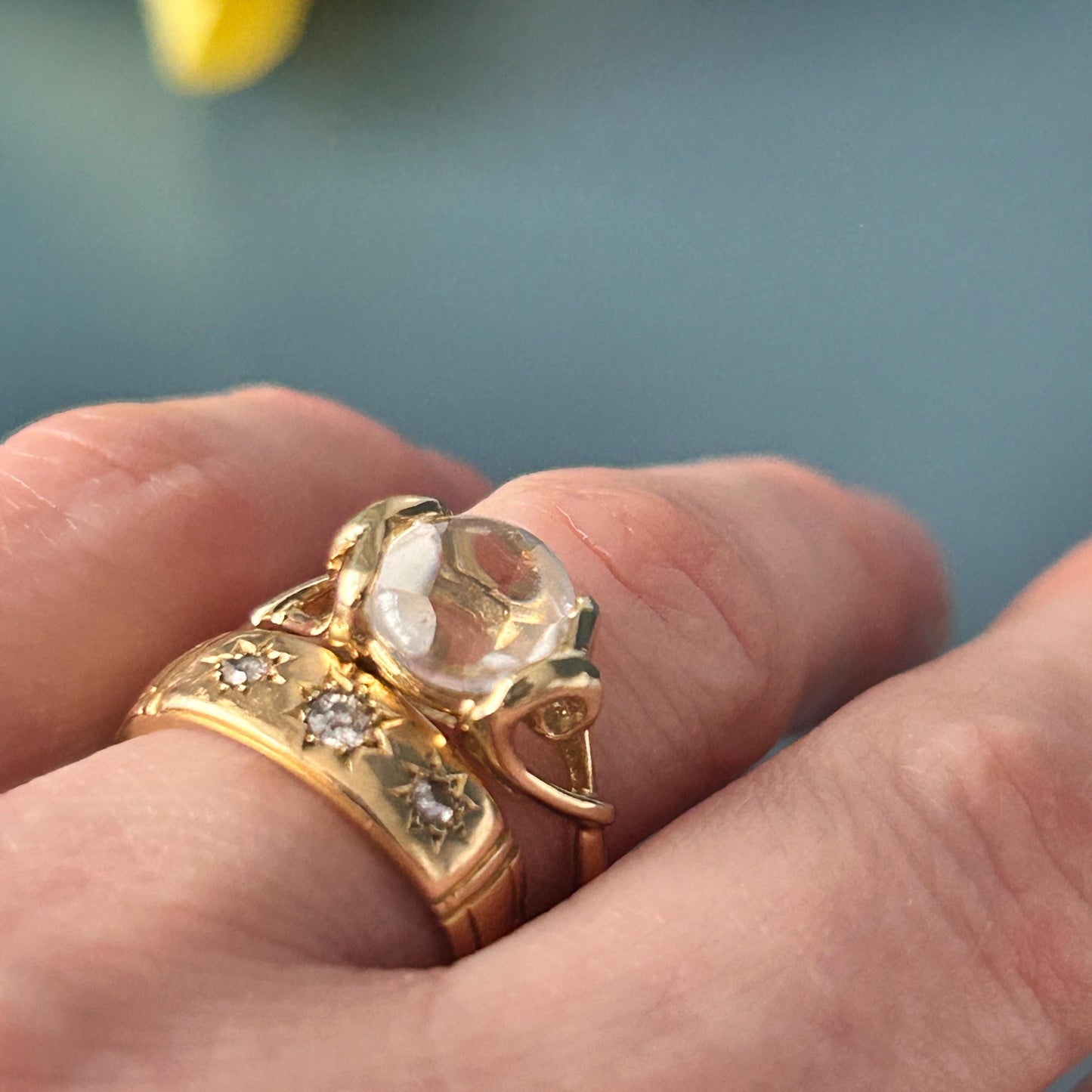 Vintage 9ct Gold Rock Crystal Heart Detail Ring - Natural Rock Crystal UK K / 5.5