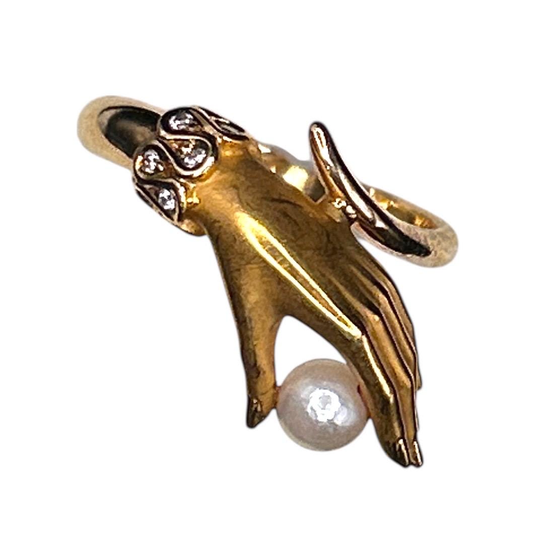 Vintage Carrera Y Carrera 18ct Gold Mano Hand Ring With Pearl and Diamond Cuff - Fine Vintage Jewelry Size UK J/ US: 5