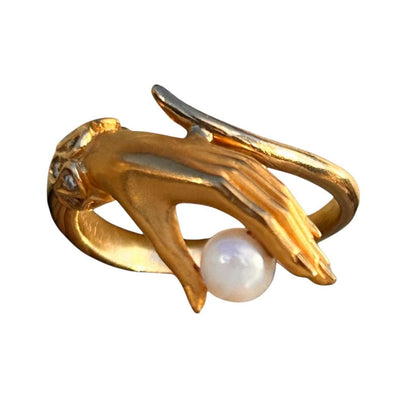 Vintage Carrera Y Carrera 18ct Gold Mano Hand Ring With Pearl and Diamond Cuff - Fine Vintage Jewelry Size UK J/ US: 5