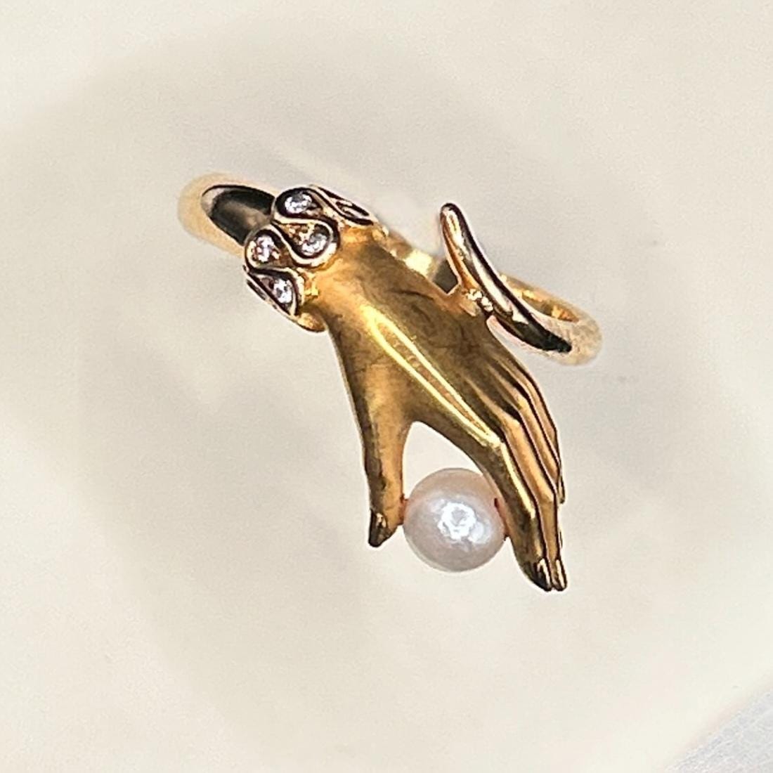 Vintage Carrera Y Carrera 18ct Gold Mano Hand Ring With Pearl and Diamond Cuff - Fine Vintage Jewelry Size UK J/ US: 5