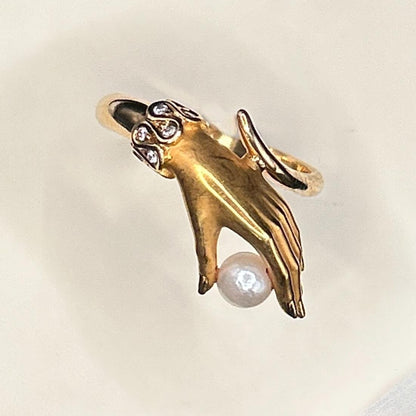 Vintage Carrera Y Carrera 18ct Gold Mano Hand Ring With Pearl and Diamond Cuff - Fine Vintage Jewelry Size UK J/ US: 5