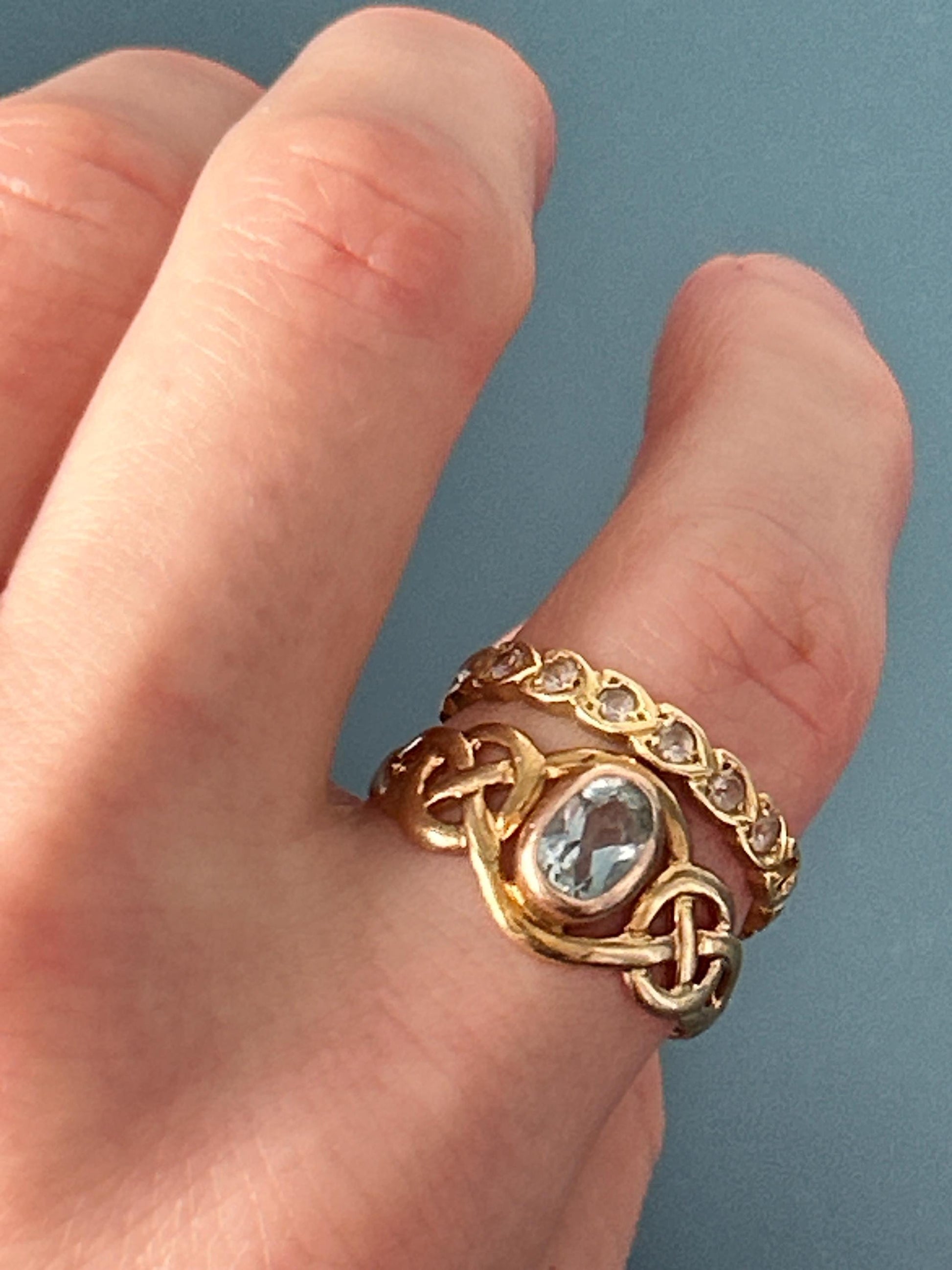 Vintage Clogau Aquamarine Celtic Ring 9ct Yellow and Rose Gold size UK P / US 8 - March Birthstone