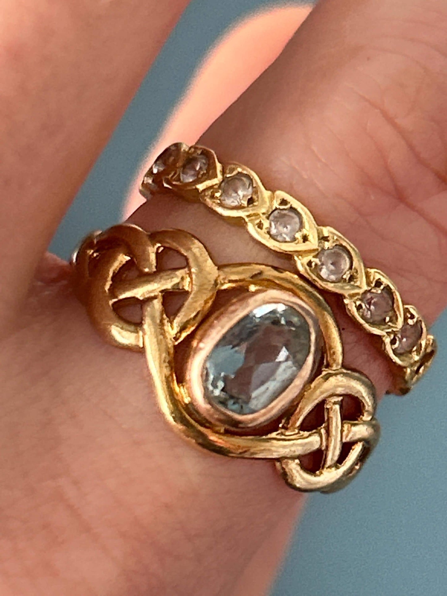 Vintage Clogau Aquamarine Celtic Ring 9ct Yellow and Rose Gold size UK P / US 8 - March Birthstone