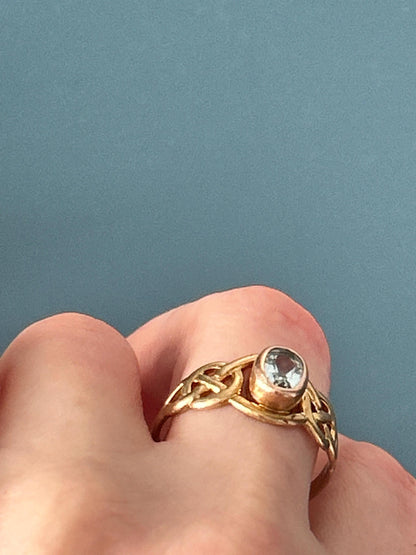 Vintage Clogau Aquamarine Celtic Ring 9ct Yellow and Rose Gold size UK P / US 8 - March Birthstone