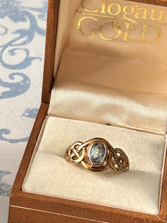 Vintage Clogau Aquamarine Celtic Ring 9ct Yellow and Rose Gold size UK P / US 8 - March Birthstone