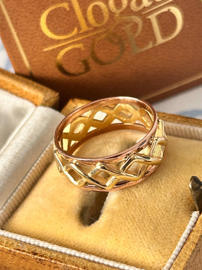 Vintage Clogau 9ct Gold Celtic Weave Band Yellow and Rose Gold Wide Band UK/ Unique Wedding Band: O / US 7.5/ Heirloom Jewellery