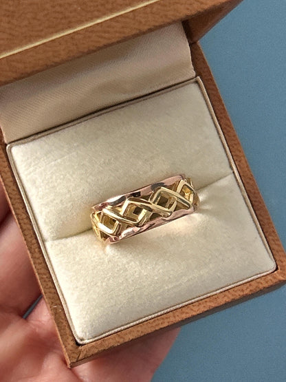 Vintage Clogau 9ct Gold Celtic Weave Band Yellow and Rose Gold Wide Band UK/ Unique Wedding Band: O / US 7.5/ Heirloom Jewellery