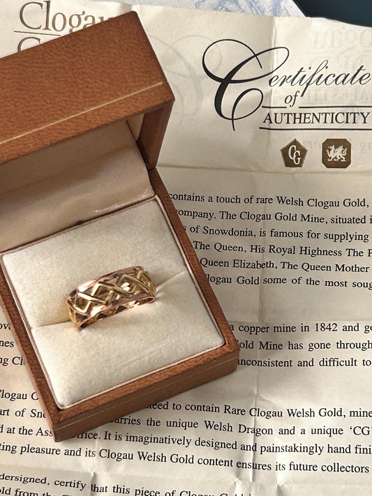 Vintage Clogau 9ct Gold Celtic Weave Band Yellow and Rose Gold Wide Band UK/ Unique Wedding Band: O / US 7.5/ Heirloom Jewellery