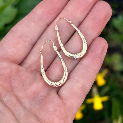 Vintage 9ct Gold Long Oval Hoop Earrings - Retro earrings 90's