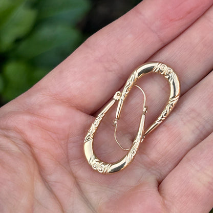 Vintage 9ct Gold Long Oval Hoop Earrings - Retro earrings 90's