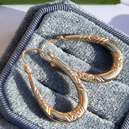 Vintage 9ct Gold Long Oval Hoop Earrings - Retro earrings 90's