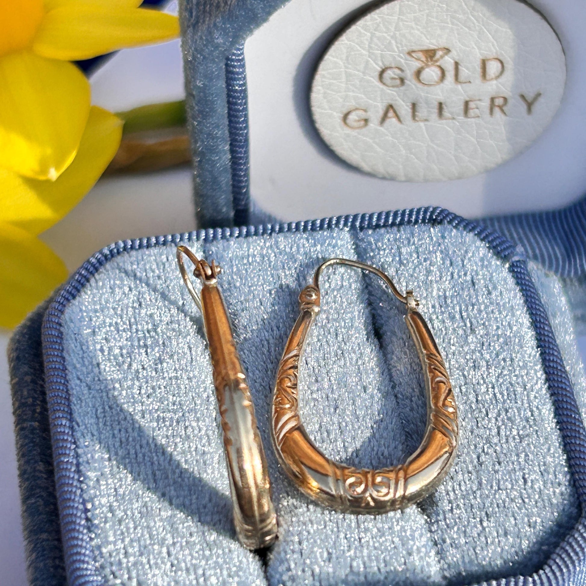 Vintage 9ct Gold Long Oval Hoop Earrings - Retro earrings 90's