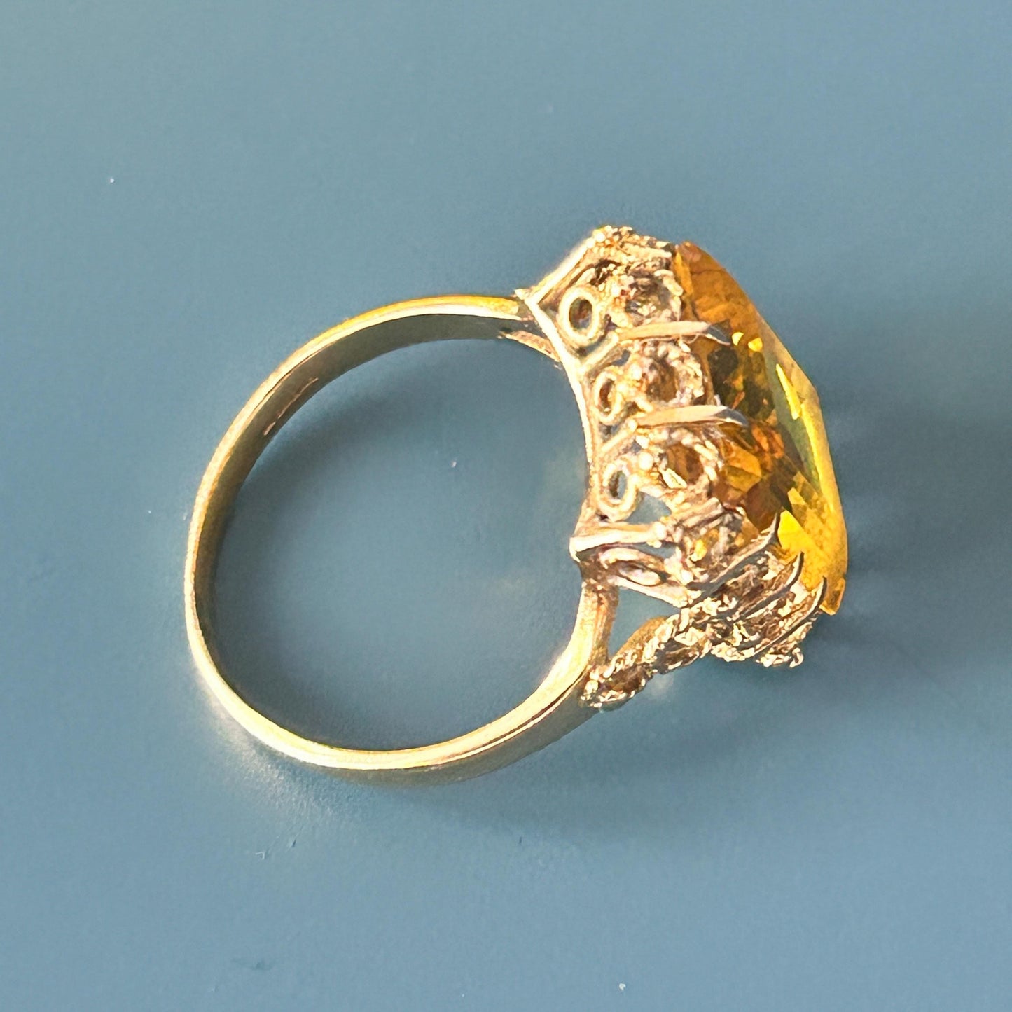 Vintage 1970's Glamorous 9ct Gold Citrine Cocktail Ring - Estate Jewelry UK K / US 5.5 - Gold Statement Jewelry