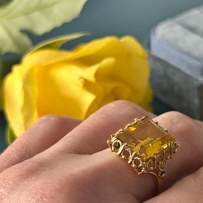 Vintage 1970's Glamorous 9ct Gold Citrine Cocktail Ring - Estate Jewelry UK K / US 5.5 - Gold Statement Jewelry