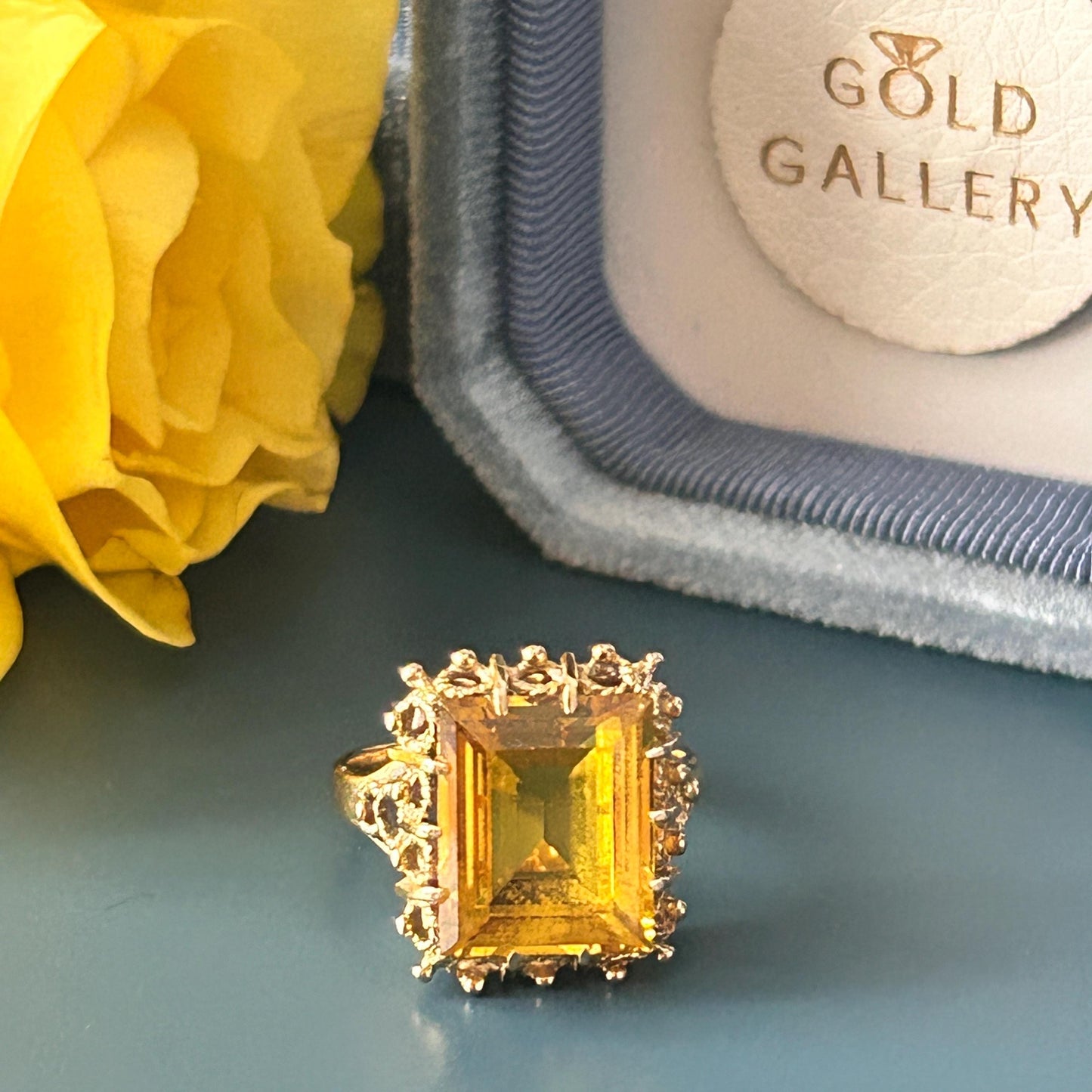 Vintage 1970's Glamorous 9ct Gold Citrine Cocktail Ring - Estate Jewelry UK K / US 5.5 - Gold Statement Jewelry