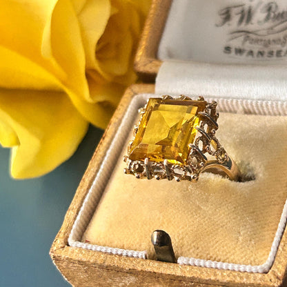 Vintage 1970's Glamorous 9ct Gold Citrine Cocktail Ring - Estate Jewelry UK K / US 5.5 - Gold Statement Jewelry