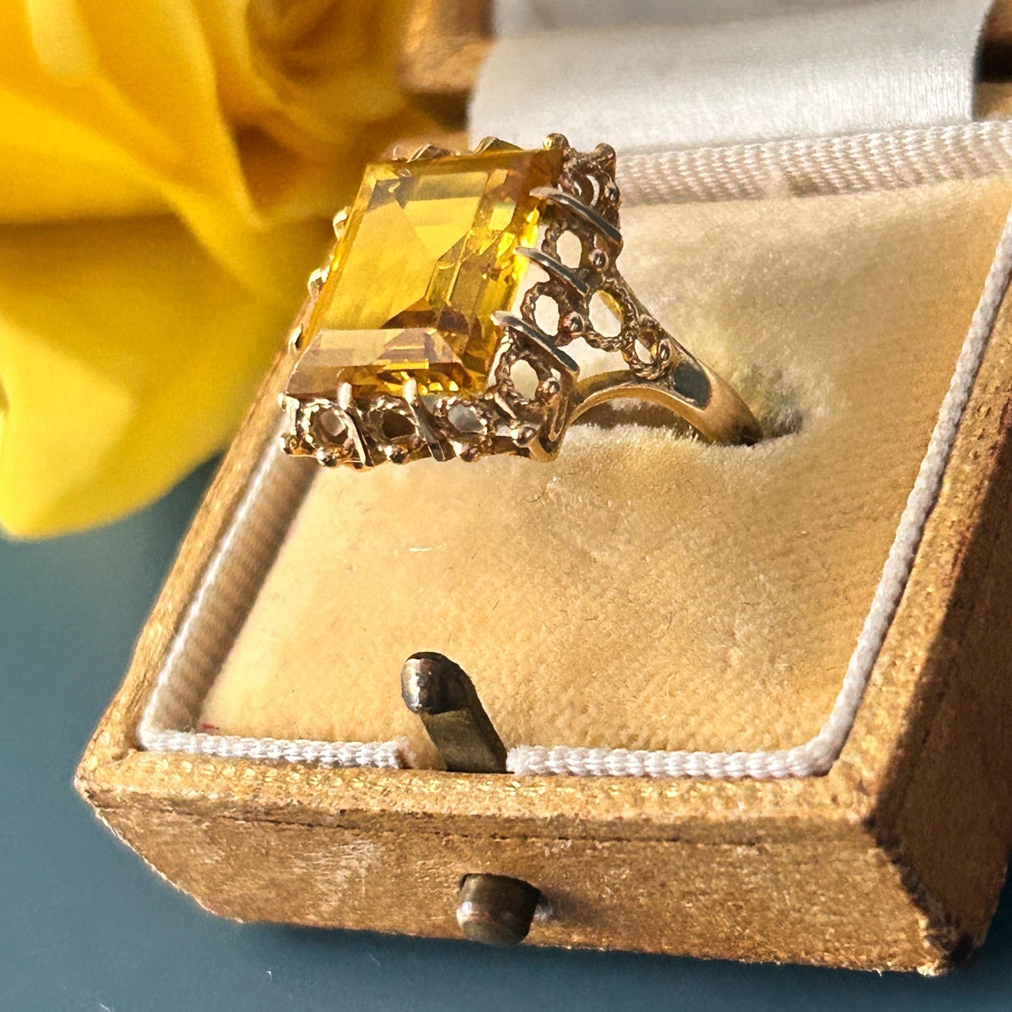 Vintage 1970's Glamorous 9ct Gold Citrine Cocktail Ring - Estate Jewelry UK K / US 5.5 - Gold Statement Jewelry