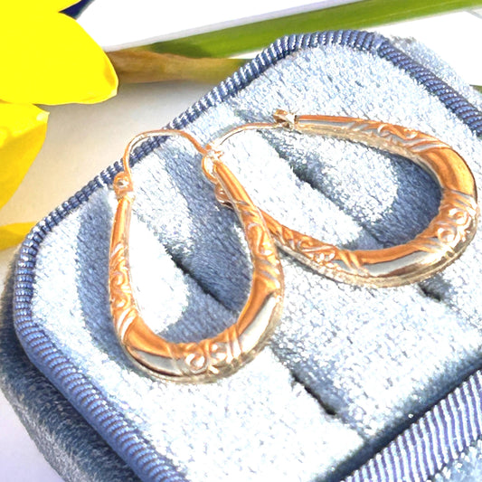 Vintage 9ct Gold Long Oval Hoop Earrings - Retro earrings 90's