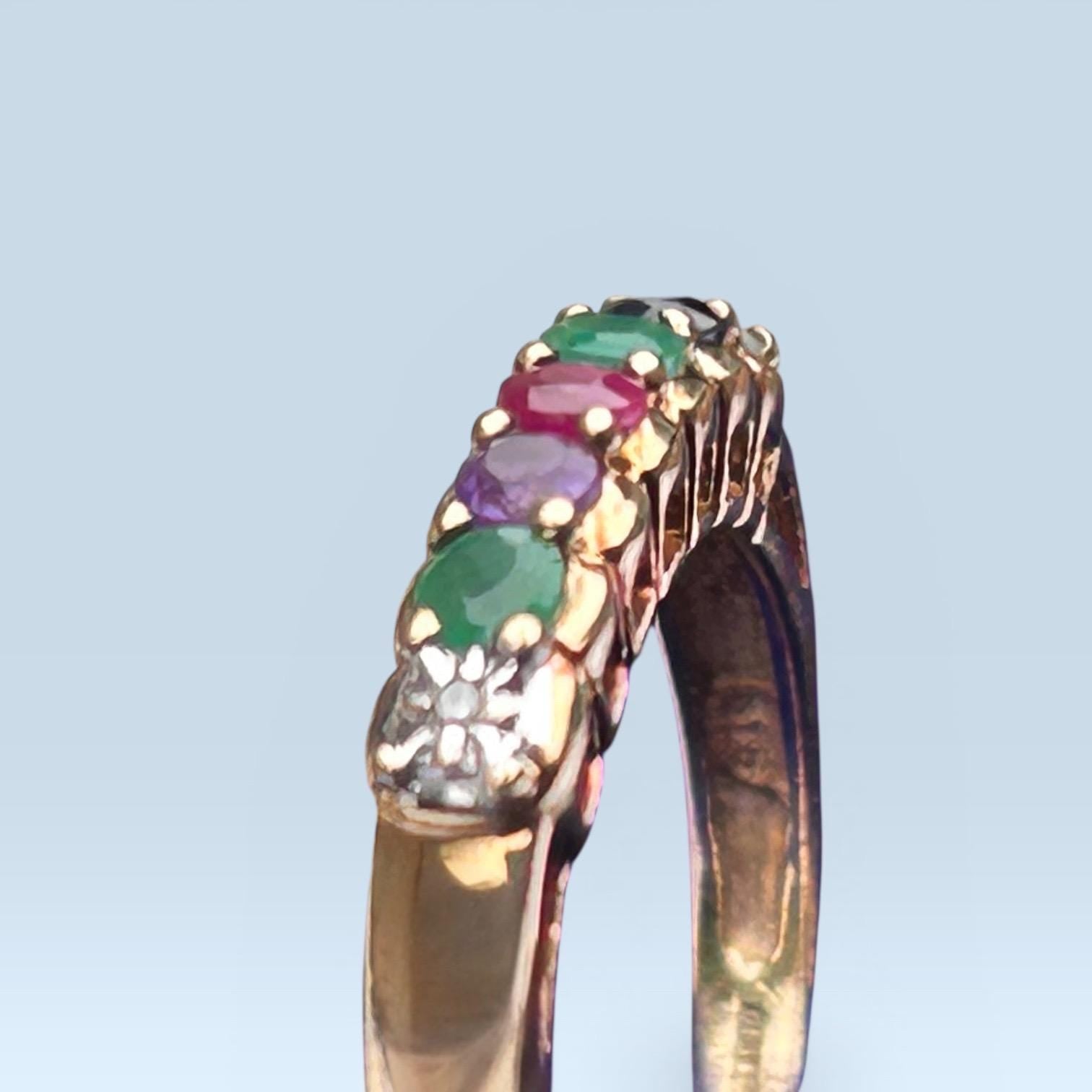 Vintage 9ct Gold Multi stone Eternity Ring Acrostic Jewellery DEAREST Antique Inspired Jewellery UK: N / US 7