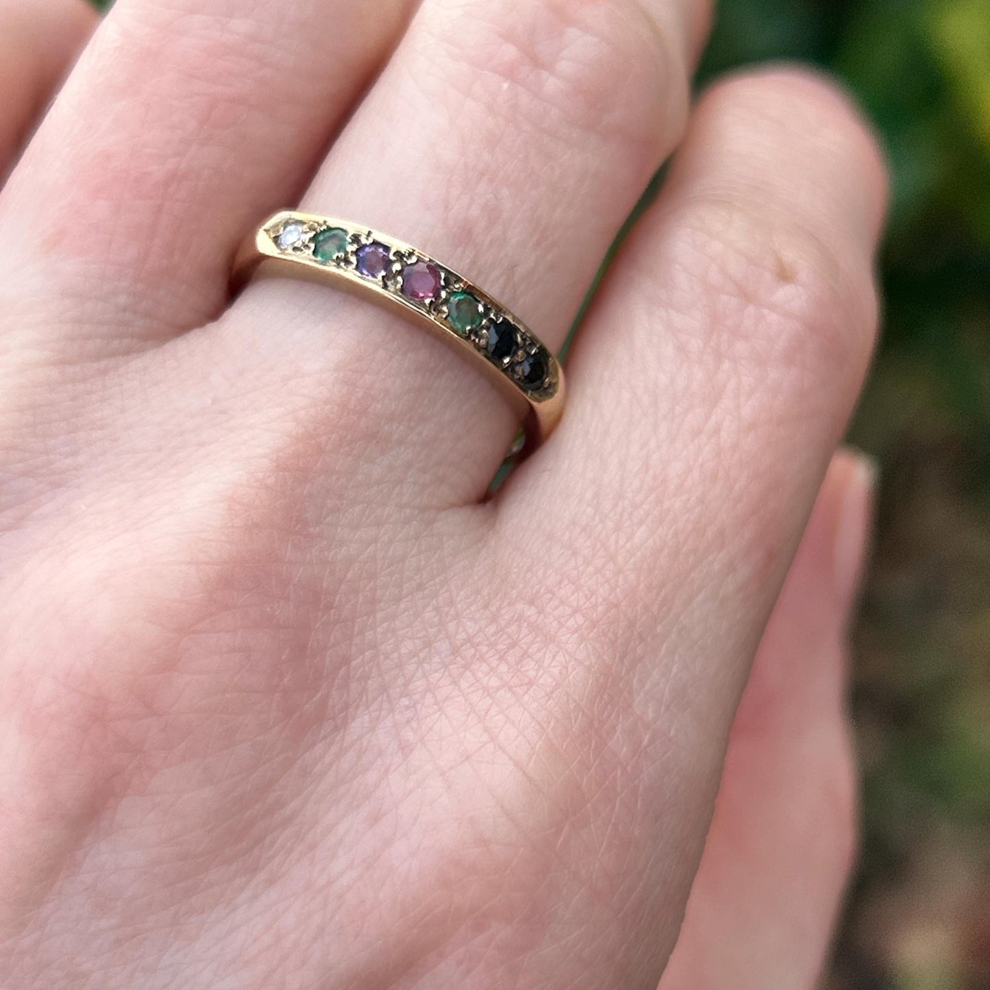 Vintage 9ct Gold Multi stone Eternity Ring Acrostic Jewellery DEAREST Antique Inspired Jewellery UK: N / US 7